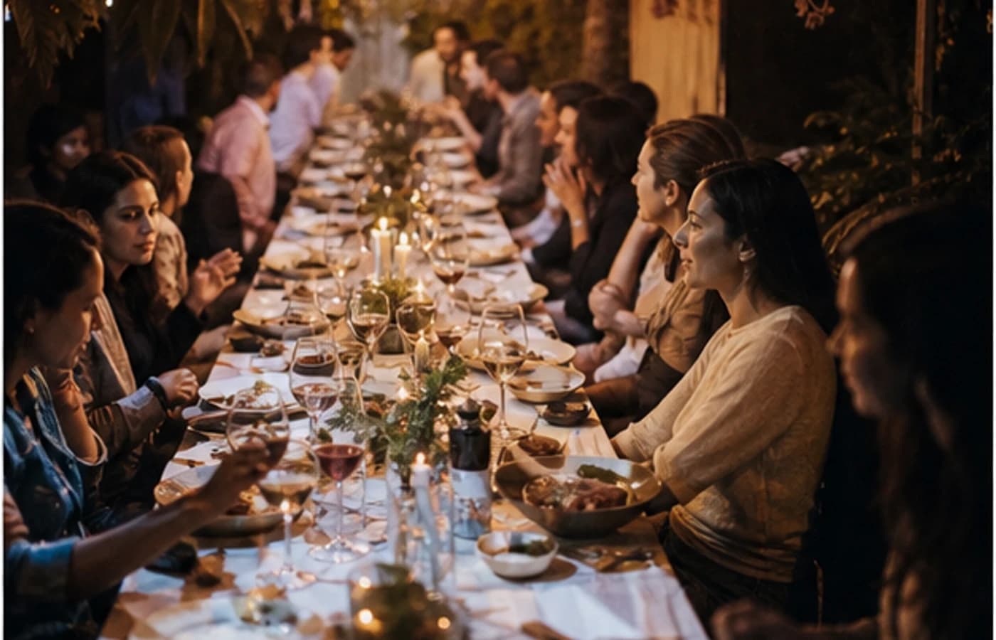 Pessoas reunidas em uma mesa comunitária iluminada.