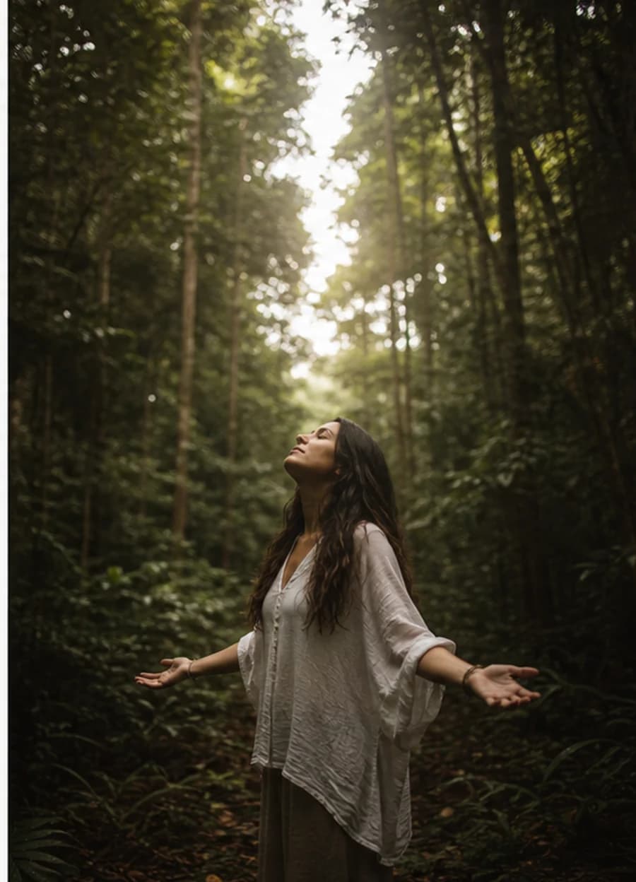 Mulher em floresta com braços levemente abertos.