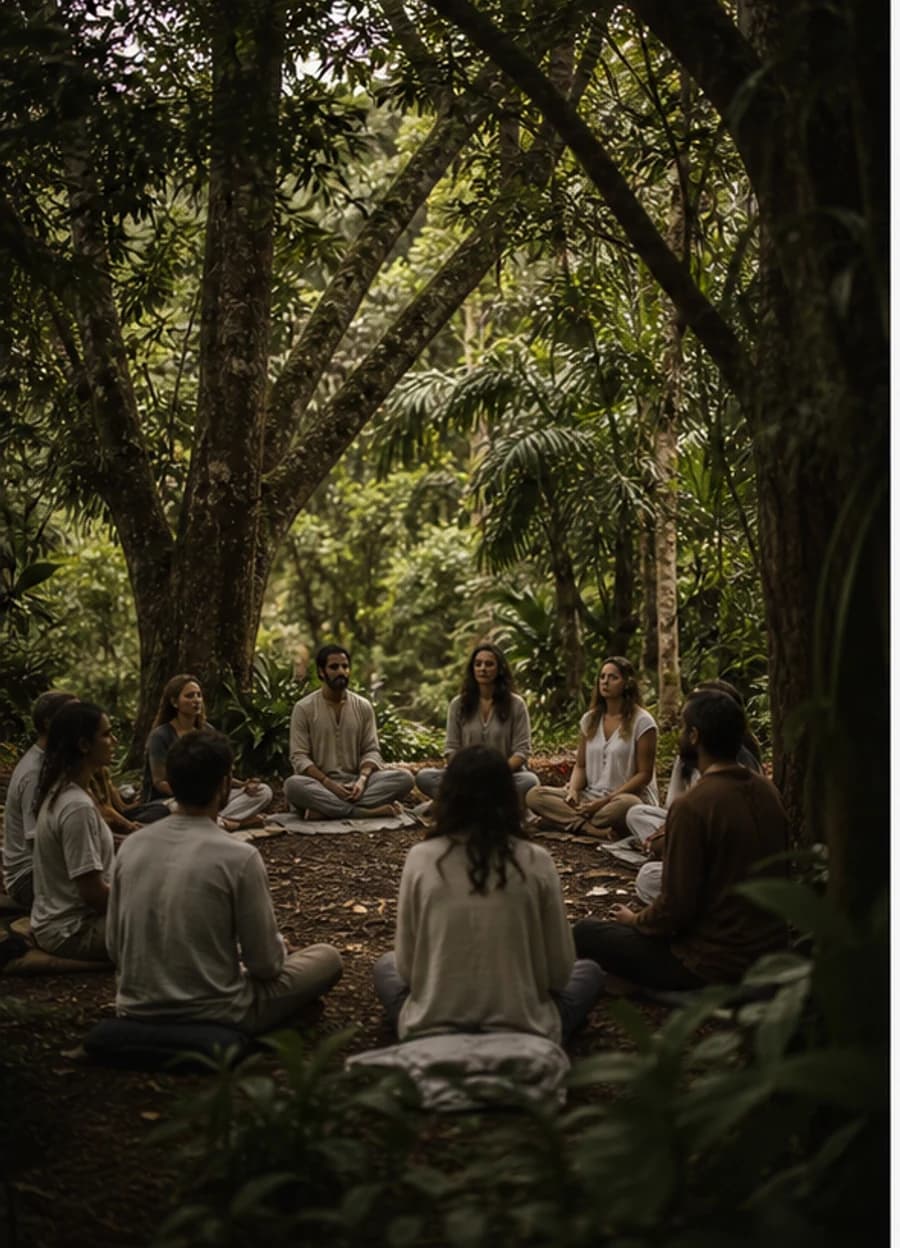 Grupo em prática meditativa sob árvores.