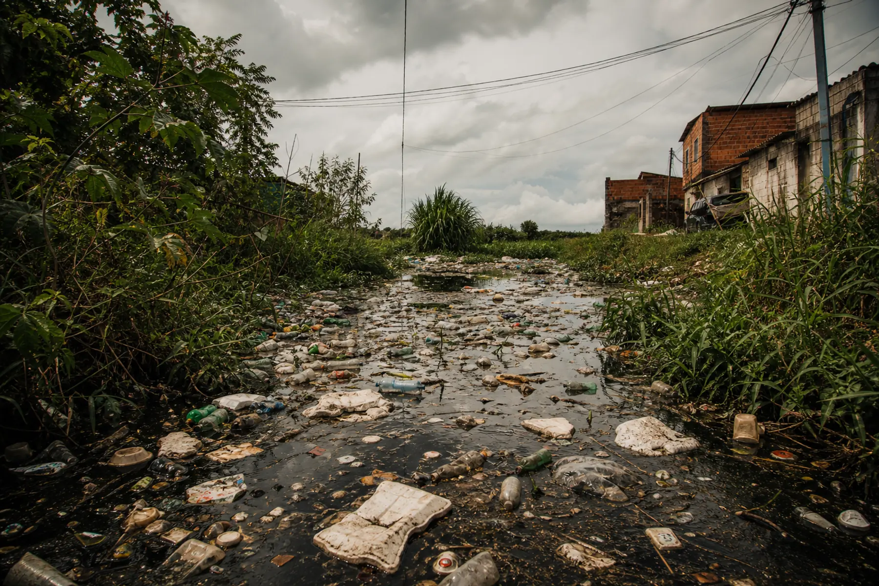 Canal urbano poluído com resíduos flutuando próximo a casas e vegetação.