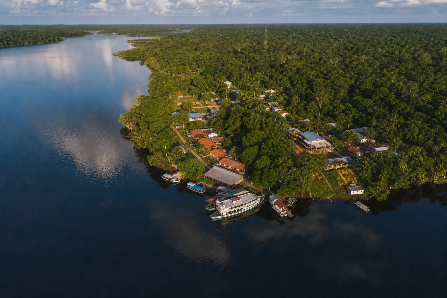 Comunidade ribeirinha vista do alto entre rio amplo e floresta amazônica preservada.