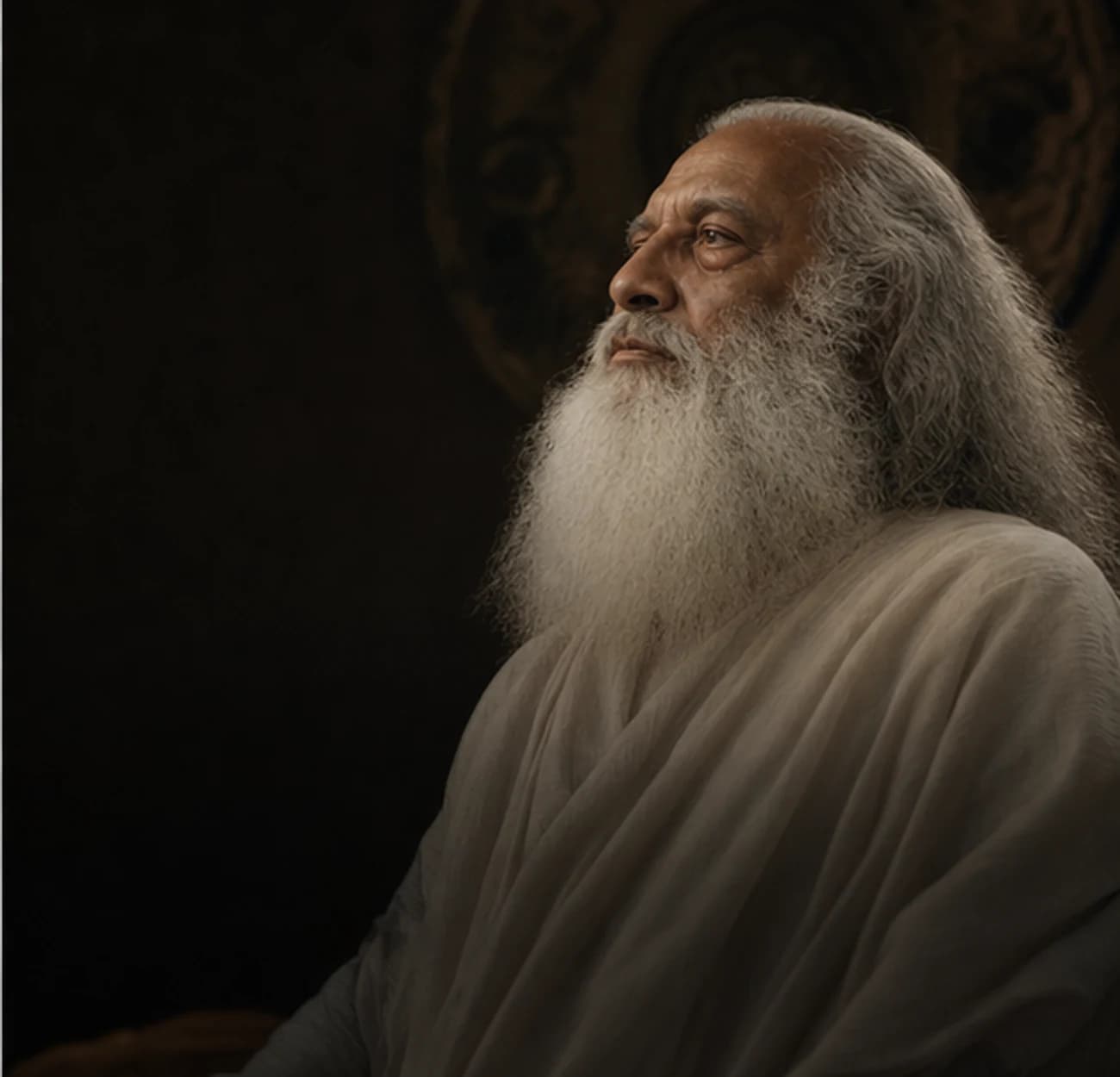 Homem mais velho de barba branca em perfil contemplativo.