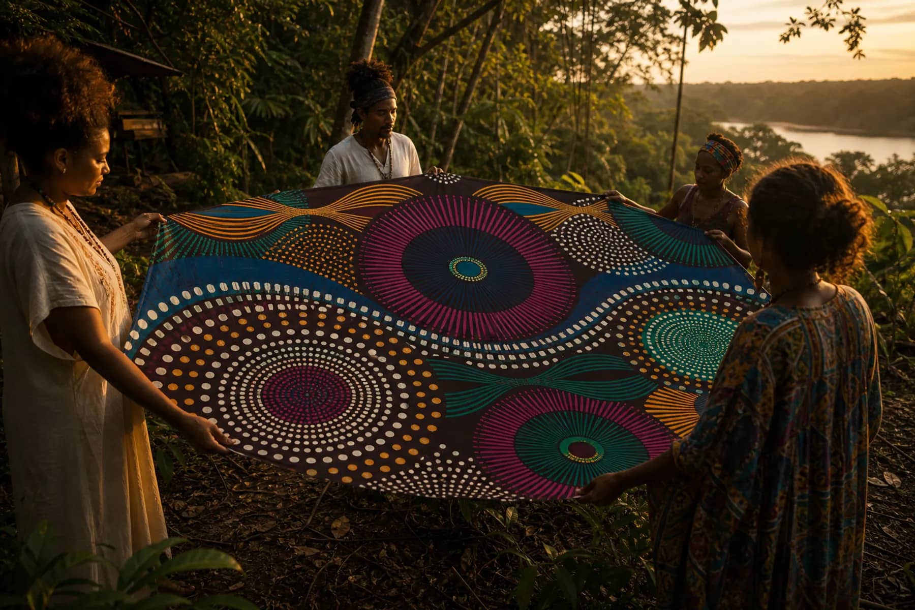 Pessoas em ambiente amazônico segurando tecido circular com grafismos afrodescendentes coloridos.